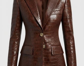 Women's Brown Crocodile-Embossed Leather Blazer,  Vintage Style Trendy Jacket