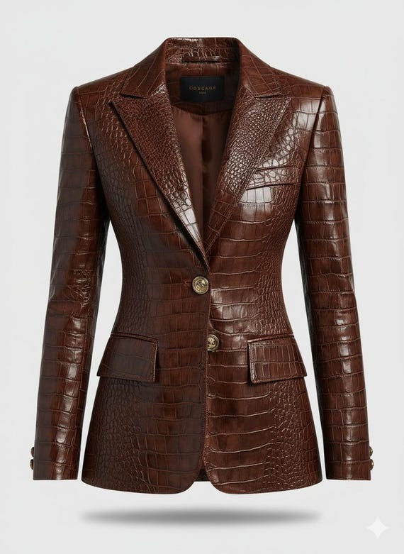 Women's Brown Crocodile-Embossed Leather Blazer,  Vintage Style Trendy Jacket