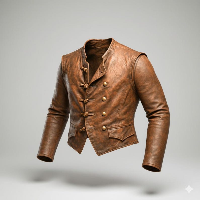 May include: A brown leather jacket with a mandarin collar, featuring gold buttons and decorative knots. The jacket has long sleeves and two front pockets, showcasing a vintage or historical style.