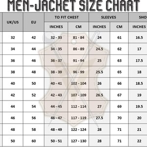 Puede incluir: Tabla de tallas de chaquetas para hombre, con medidas en pulgadas y cent&iacute;metros. La tabla incluye tallas de la XXS a la 5XL, detallando las dimensiones de pecho, manga y hombros. El texto "MEN-JACKET SIZE CHART" est&aacute; en la parte superior.