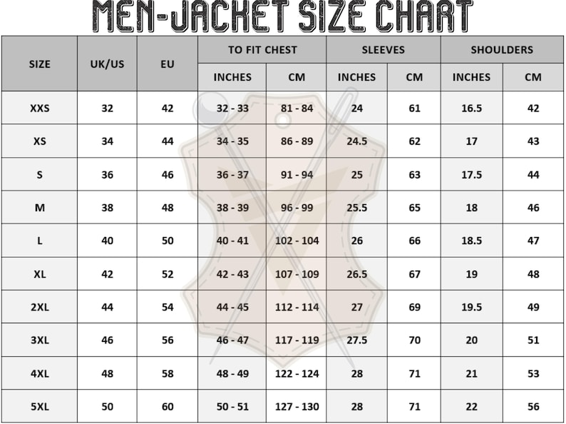 Puede incluir: Tabla de tallas de chaquetas para hombre, con medidas en pulgadas y cent&iacute;metros. La tabla incluye tallas de la XXS a la 5XL, detallando las dimensiones de pecho, manga y hombros. El texto "MEN-JACKET SIZE CHART" est&aacute; en la parte superior.