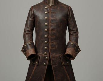 ハンドメイドフック船長レザートレンチコート：海賊コスプレ冬用コート