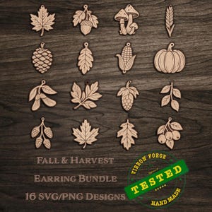 May include: A collection of 16 laser-cut wooden earring designs featuring fall and harvest themes. Designs include leaves, acorns, mushrooms, a pumpkin, and other autumn elements. The text "FALL & HARVEST EARRING BUNDLE" is displayed.