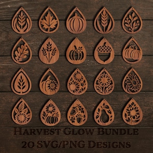 May include: A collection of twenty wooden teardrop-shaped designs with fall-themed cutouts. The designs include leaves, pumpkins, sunflowers, and acorns. The text "HARVEST GLOW BUNDLE" and "20 SVG/PNG DESIGNS" are at the bottom of the image.