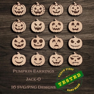 May include: Sixteen wooden pumpkin designs with various carved faces, perfect for Halloween crafts. The text "PUMPKIN EARRINGS" and "JACK-O" are visible. A green stamp reads "TESTED HAND MADE".