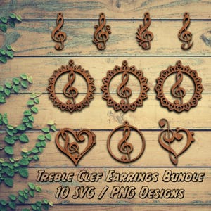 May include: A collection of wooden treble clef earrings in various designs, including heart and circular shapes. The earrings are displayed on a wooden background with the text "Treble Clef Earrings Bundle 10 SVG / PNG Designs".