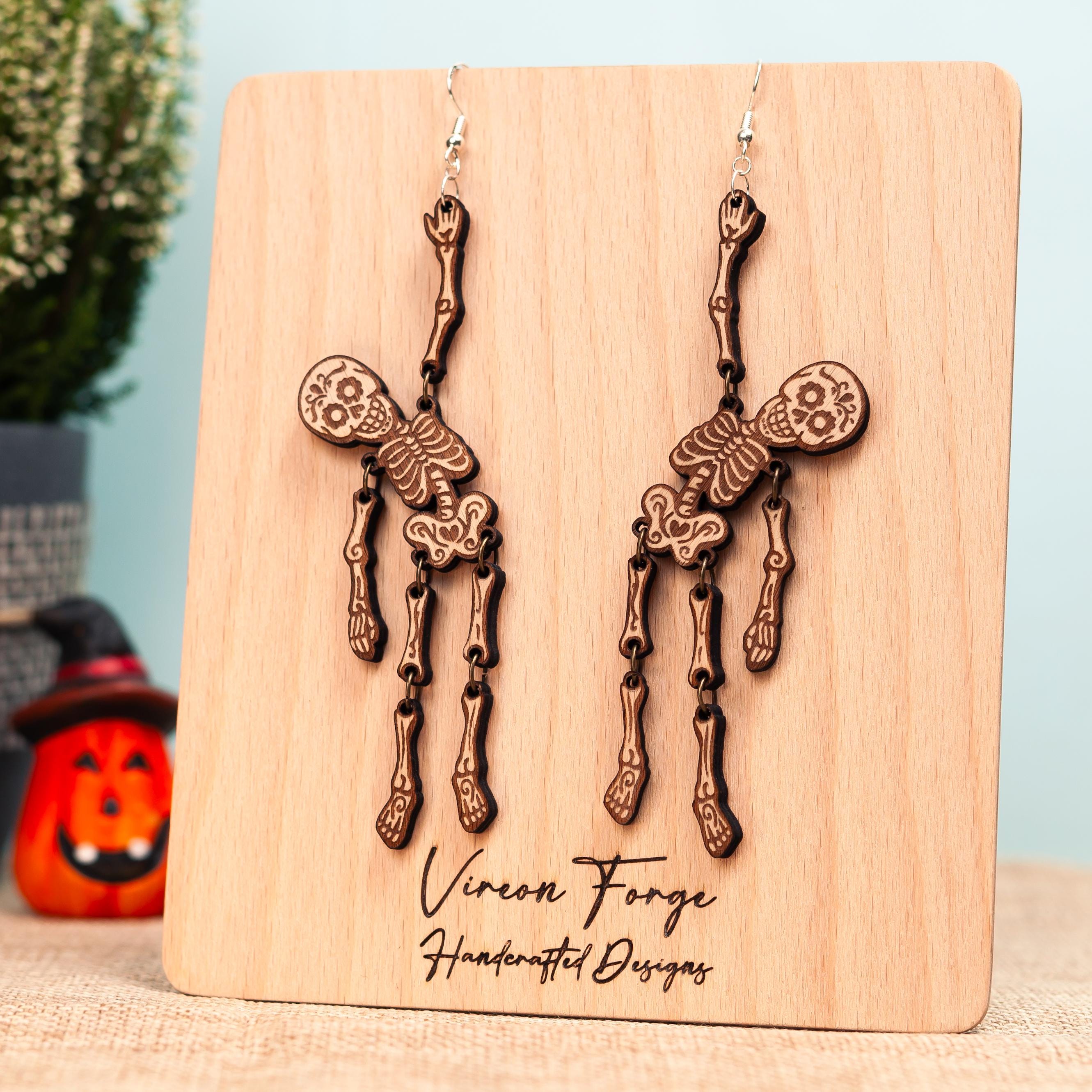 Set Collier & Boucles D'oreilles Squelette - Cordon Noir Et Pendentifs Métal Argenté, Neuf Avec étiquettes, Thème Halloween