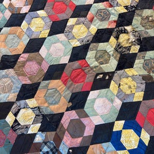 Antique Silk Hexagon Quilt, Vintage Victorian era Patchwork with Diamonds and Triangles