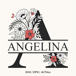 Può includere: Una lettera A nera con decorazioni floreali e il nome "ANGELINA" scritto sotto. I fiori sono bianchi con contorni neri e centri rossi.