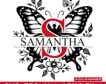 Pakiet SVG z monogramem kwiatowym i motylem – litery alfabetu do Cricut i Silhouette (do użytku komercyjnego)