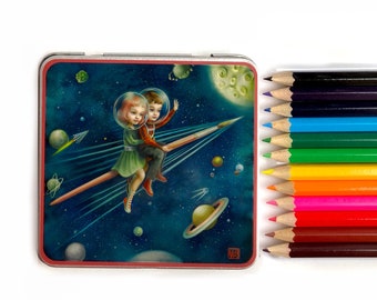 Mini Colored Pencil tin set - Space Kids Up to the Moon! - pocket sized art kit tin -Mab Graves