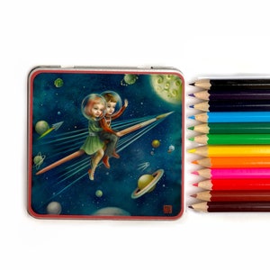Mini Colored Pencil tin set Space Kids Up to the Moon pocket sized art kit tin Mab Graves image 1