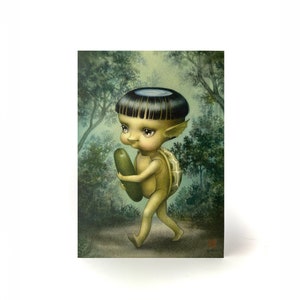 May include: A green and brown turtle-like creature with a blue pool of water on its head walks through a forest carrying a green cucumber. The creature has a human-like face and is wearing a shell on its back.