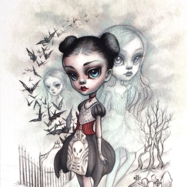 A Girl and Her Ghosts - 4 x 5.75 Mini Art Print by Mab Graves - unframed