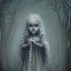 May include: A digital painting of a young girl with pale skin and long, flowing white hair adorned with small flowers. She wears a light-colored dress and holds a delicate floral garland. The background features a misty forest with dark, silhouetted trees.