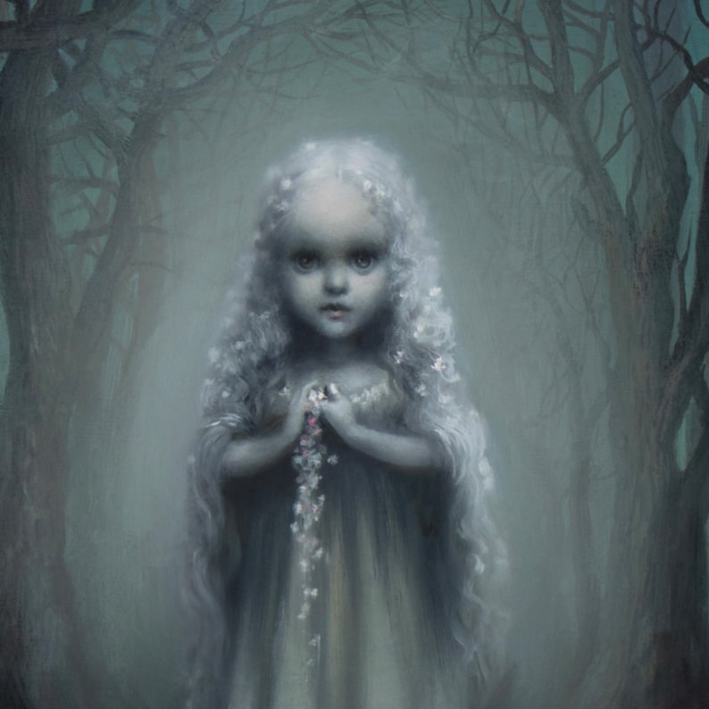 May include: A digital painting of a young girl with pale skin and long, flowing white hair adorned with small flowers. She wears a light-colored dress and holds a delicate floral garland. The background features a misty forest with dark, silhouetted trees.