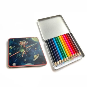 Mini Colored Pencil tin set Space Kids Up to the Moon pocket sized art kit tin Mab Graves image 3