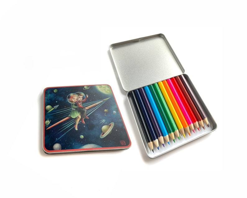 Mini Colored Pencil tin set Space Kids Up to the Moon pocket sized art kit tin Mab Graves image 3
