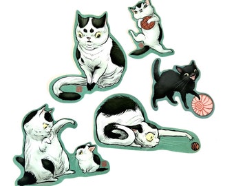 Best kitty sticker pack- 5 vinyl feisty cat stickers by Mab Graves