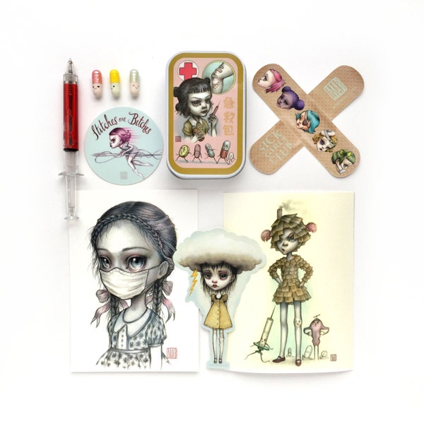 Sick Girls Club Collectors Set - custom First Aid Kit, Mini Art Print, Sticker set, Secret message pills & pen by Mab Graves