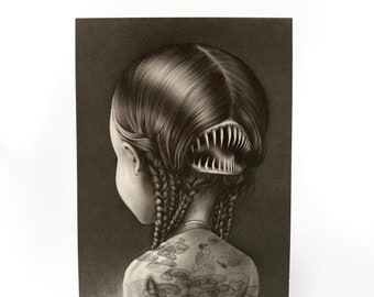 May include: A black and white drawing of a person with long braids. The person's hair is parted in the middle and the braids are pulled back. The person is wearing a shirt with a design on the back. The design is of a fish with a large mouth.