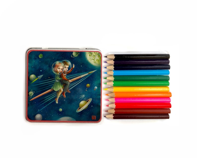 Mini Colored Pencil tin set Space Kids Up to the Moon pocket sized art kit tin Mab Graves image 1