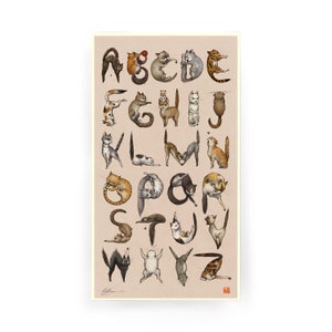 Meowphabet Print - Cat Alphabet - Open Edition offset press -you choose size-8x14.5 or 12x21.5- print by Mab Graves -unframed