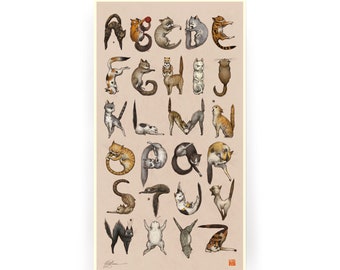 Meowphabet Print - Cat Alphabet - Open Edition offsetpers - u kiest maat-8x14.5 of 12x21.5- print door Mab Graves -ingelijst