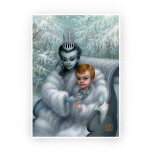 May include: A woman wearing a white fur coat and a silver crown sits in a chair with a young boy. The woman is holding a cup with a white liquid and the boy is looking at the cup. The background is a snowy forest.
