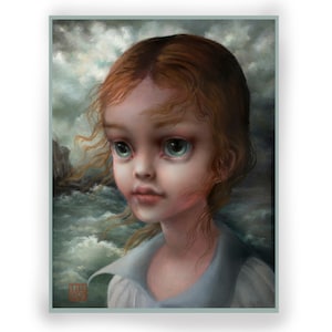 May include: A painting of a young girl with long, red hair and large, blue eyes. She is wearing a white blouse and is looking off to the side. The background is a stormy sea with dark clouds.