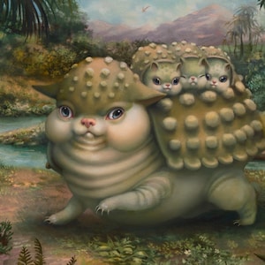 May include: A whimsical painting depicting a creature with a large, rounded body and a textured, mushroom-like shell. The creature has a cat-like face with blue eyes and is accompanied by three smaller versions. The color scheme is dominated by muted greens and browns.