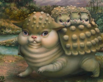 Ancatylosaurus Mama- signed -numbered Limited edition - 8x10  -Pop Surrealism Fine Art Print - by Mab Graves