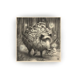 May include: A black and white illustration of a wild boar with a crown of mushrooms on its head. The boar is walking through a forest with a smaller boar following behind. There are small glowing lights in the background.
