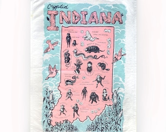 Cryptid Indiana souvenir tea towel- screen printed 100% cotton towel by Mab Graves