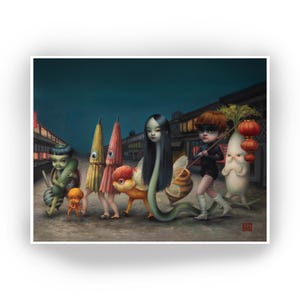 May include: A surreal painting shows a parade of fantastical figures. The figures include a child with a cucumber, umbrella-shaped beings, a fish-like creature, a girl with long hair, a bee-like creature, a child with a stick, and a radish-like figure with lanterns.