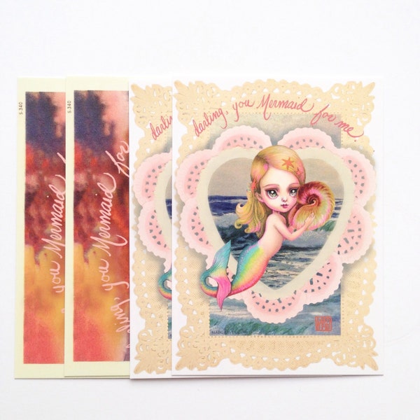 LAST ONE Darling, you Mermaid for me - 4 Valentine Postcards- by Mab Graves