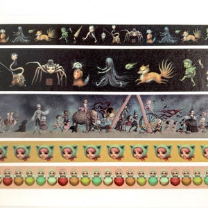May include: Five strips of washi tape featuring whimsical illustrations of creatures and characters. The first strip features a black background with a spider, a fox, and a green creature. The second strip features a black background with a spider, a fox, and a green creature. The third strip features a dark blue background with a parade of creatures and characters. The fourth strip features a yellow background with a row of green cat faces. The fifth strip features a pink background with a row of green and red nesting dolls.
