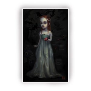 May include: A digital art print featuring a pale figure with long reddish-brown hair wearing a floor-length light green dress. The figure holds a small red pomegranate in one hand, surrounded by dark, shadowy silhouettes of various creatures.