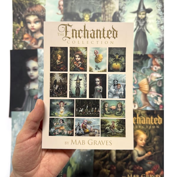 May include: A rectangular print titled The Enchanted Collection by Mab Graves featuring a grid of twelve distinct illustrative artworks depicting various characters in dark, atmospheric settings with gold text on a cream-coloured background.