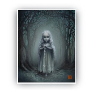 May include: A digital art print of a young girl with long white hair and a pale dress, standing in a misty forest. The artwork has a dark, gothic aesthetic, with a focus on the girl's expression and the eerie atmosphere of the woods.