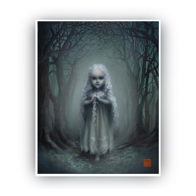 May include: A digital art print of a young girl with long white hair and a pale dress, standing in a misty forest. The artwork has a dark, gothic aesthetic, with a focus on the girl's expression and the eerie atmosphere of the woods.
