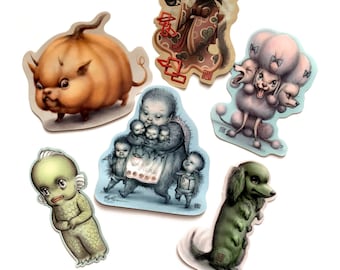 Creature Feature - 6 Large- Matte vinyl- creatures stickers - by Mab Graves