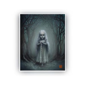 May include: A digital art print featuring a young girl with long, white curly hair and a pale dress, standing in a dark, misty forest. The artwork has a gothic, ethereal theme, with a focus on the girl's haunting gaze and the atmospheric setting.