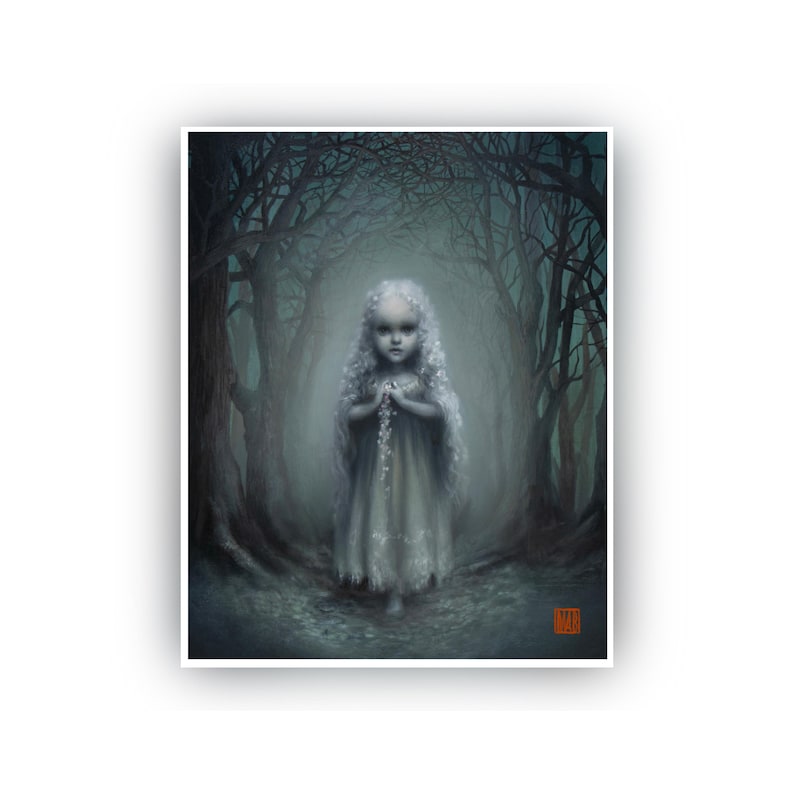 May include: A digital art print featuring a young girl with long, white curly hair and a pale dress, standing in a dark, misty forest. The artwork has a gothic, ethereal theme, with a focus on the girl's haunting gaze and the atmospheric setting.