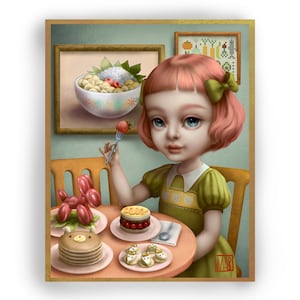 May include: A young girl with pink hair and a green dress sits at a table with a variety of desserts. The table is set with a pink tablecloth and a white plate with a fork. The girl is holding a fork and looking at the camera. There are several desserts on the table, including a stack of pancakes, a cake with cherries and a dollop of whipped cream, and a plate of small pastries.