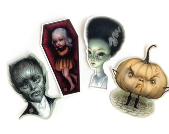 Drawlloween Sticker Set-  4 matte vinyl monster stickers - by Mab Graves