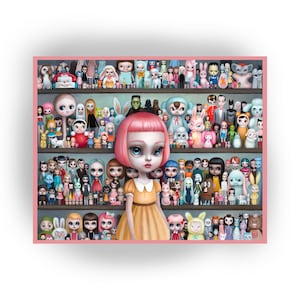 May include: A print depicting a collection of dolls and figurines on shelves. The central doll has pink hair and a yellow dress. The shelves are filled with various doll characters in different styles and colours, creating a whimsical display.
