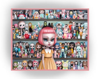 The Dolly Collector  -pink variant -Signed - open edition - 8x10  -Pop Surrealism Fine Art Print - by Mab Graves