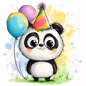 Clip art divertente di panda di compleanno Design di palloncini di compleanno 10 JPG Stampabile Acquerello, JPG di alta qualità, Papercraft Junk Journal Artigianato digitale