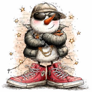 May include: A cool snowman illustration wearing a brown cap, sunglasses, and a black puffer jacket. The snowman has a carrot nose and a gold chain, and is wearing red high-top sneakers. The background features a brick wall and gold stars.
